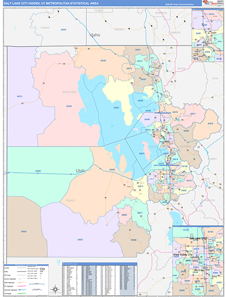 Salt Lake City Metro Area Wall Map Color Cast Style